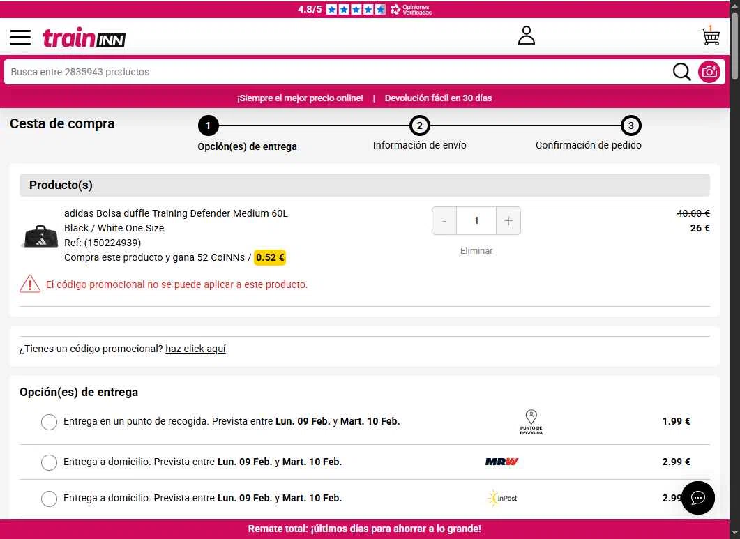 Traininn checkout page showing Traininn promo code box | Screenshot taken by SimplyCodes community member on Feb 6, 2026