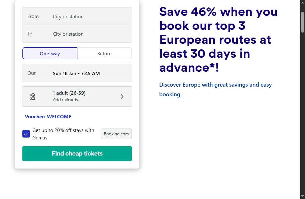 Trainline checkout page showing Trainline discount code box | Screenshot taken by SimplyCodes community member on Jan 18, 2026