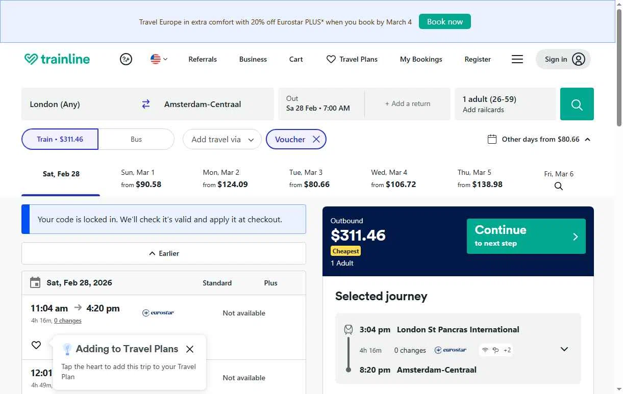 Trainline checkout page showing Trainline discount code box | Screenshot taken by SimplyCodes community member on Feb 28, 2026