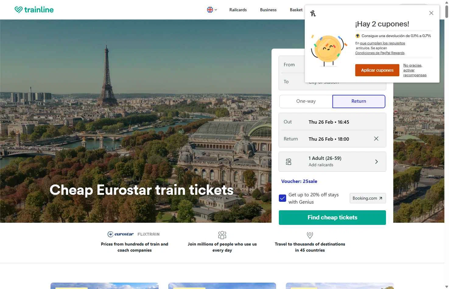 Trainline checkout page showing Trainline discount code box | Screenshot taken by SimplyCodes community member on Feb 26, 2026