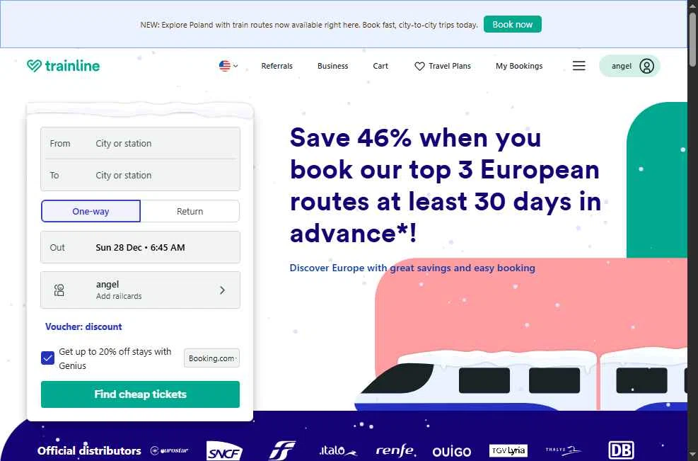 Trainline checkout page showing Trainline discount code box | Screenshot taken by SimplyCodes community member on Dec 28, 2025