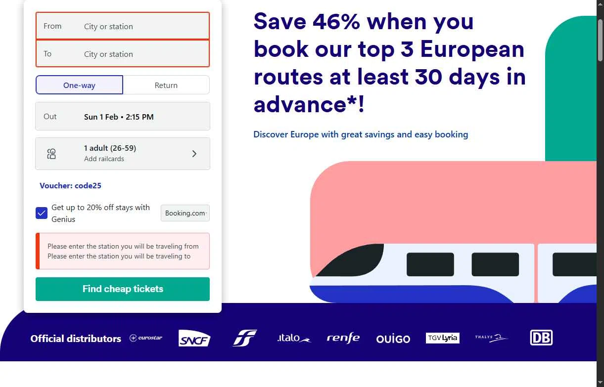 Trainline checkout page showing Trainline discount code box | Screenshot taken by SimplyCodes community member on Feb 1, 2026