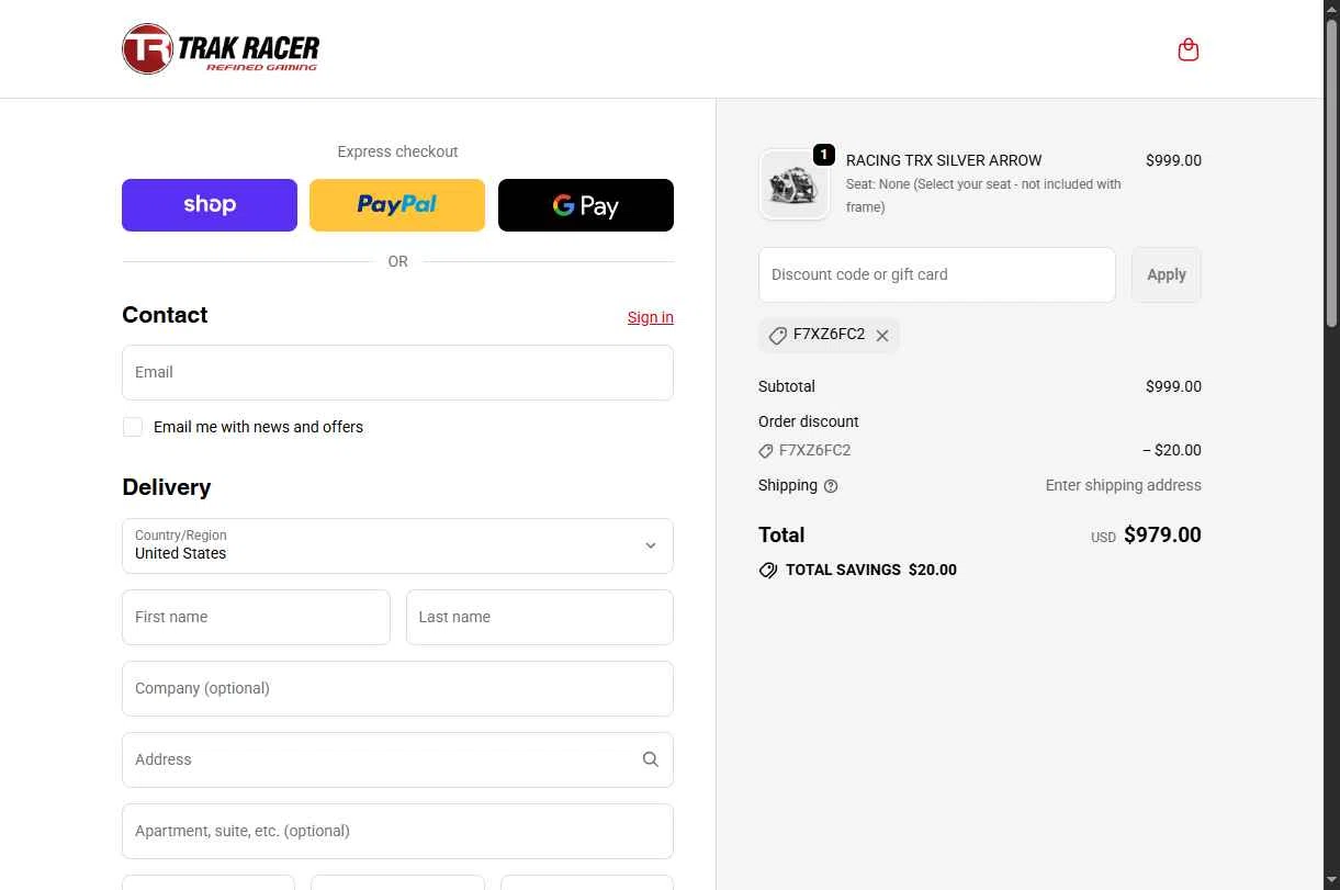Trak Racer checkout page showing Trak Racer discount code box | Screenshot taken by SimplyCodes community member on Sep 21, 2025