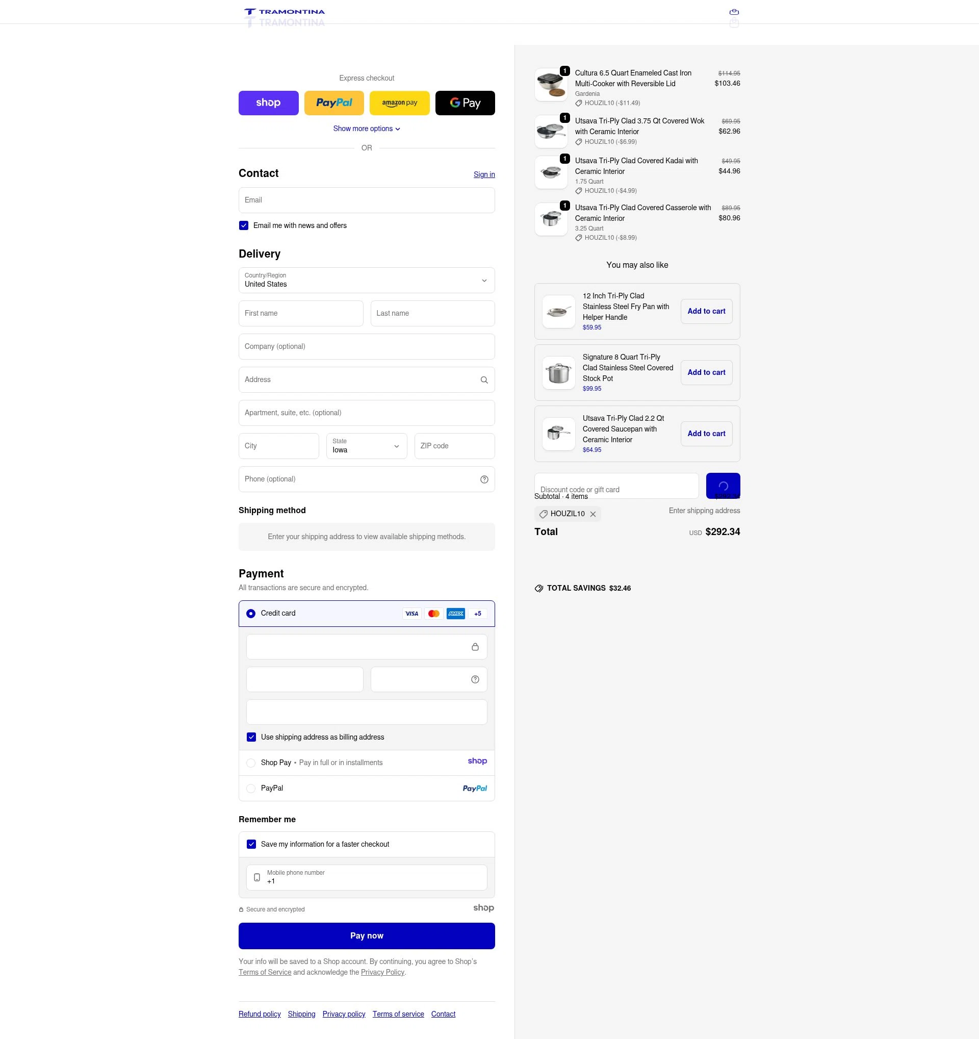 Tramontina Store checkout page showing Tramontina Store promo code box | Screenshot taken by SimplyCodes community member on Dec 29, 2025
