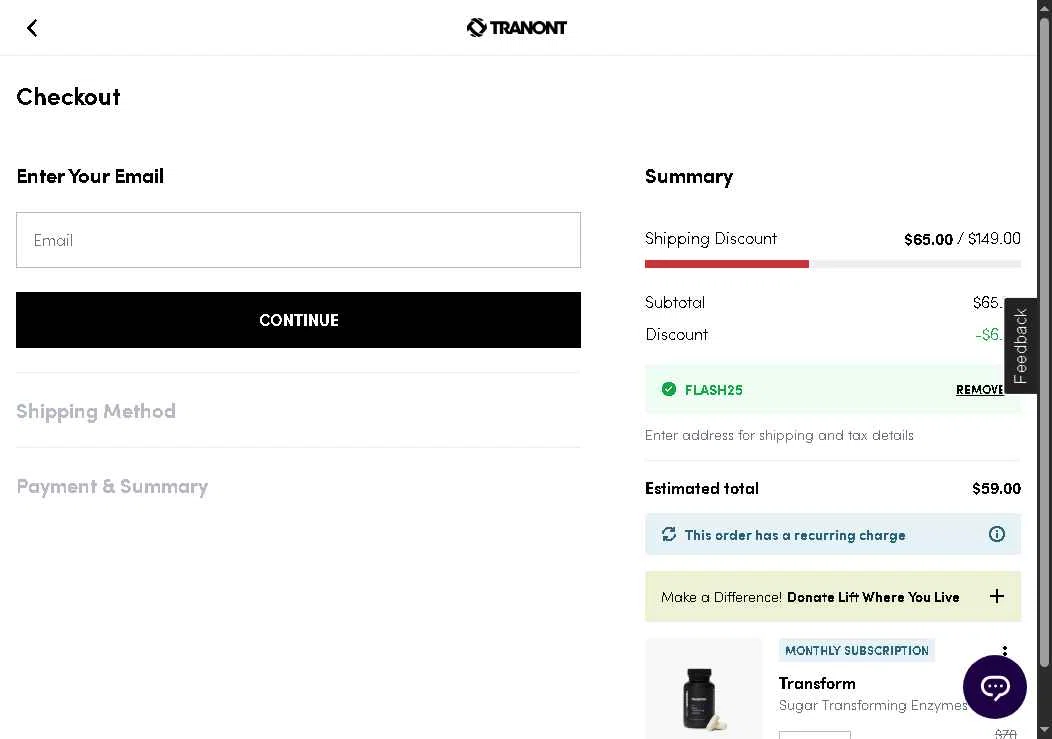 Tranont checkout page showing Tranont promo code box | Screenshot taken by SimplyCodes community member on Nov 10, 2025