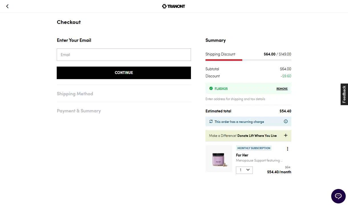 Tranont checkout page showing Tranont promo code box | Screenshot taken by SimplyCodes community member on Nov 10, 2025