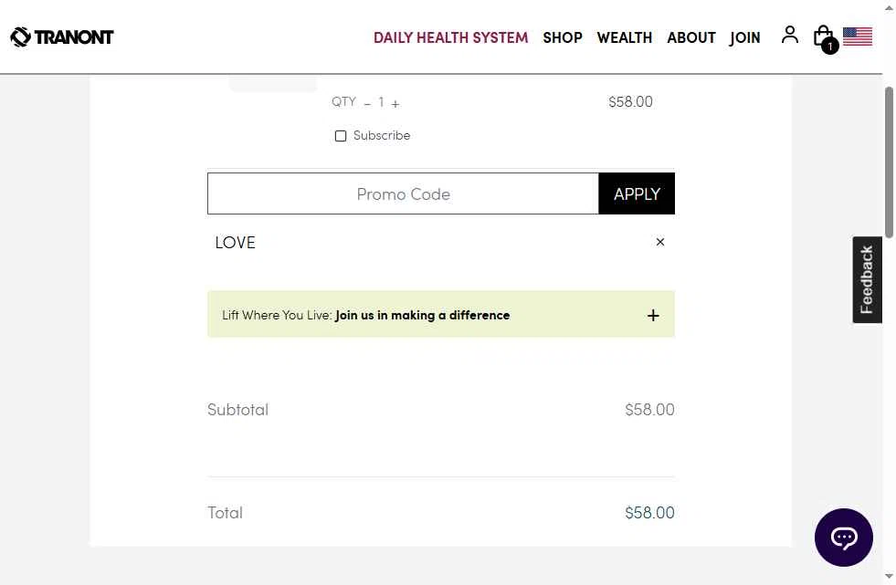 Tranont checkout page showing Tranont promo code box | Screenshot taken by SimplyCodes community member on Aug 14, 2025