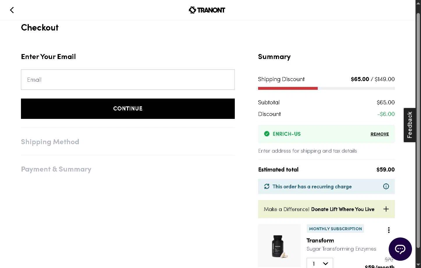 Tranont checkout page showing Tranont promo code box | Screenshot taken by SimplyCodes community member on Nov 10, 2025