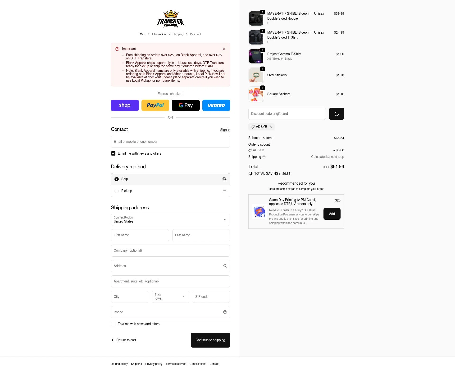 Transfer Kingdom checkout page showing Transfer Kingdom discount code box | Screenshot taken by SimplyCodes community member on Feb 5, 2026
