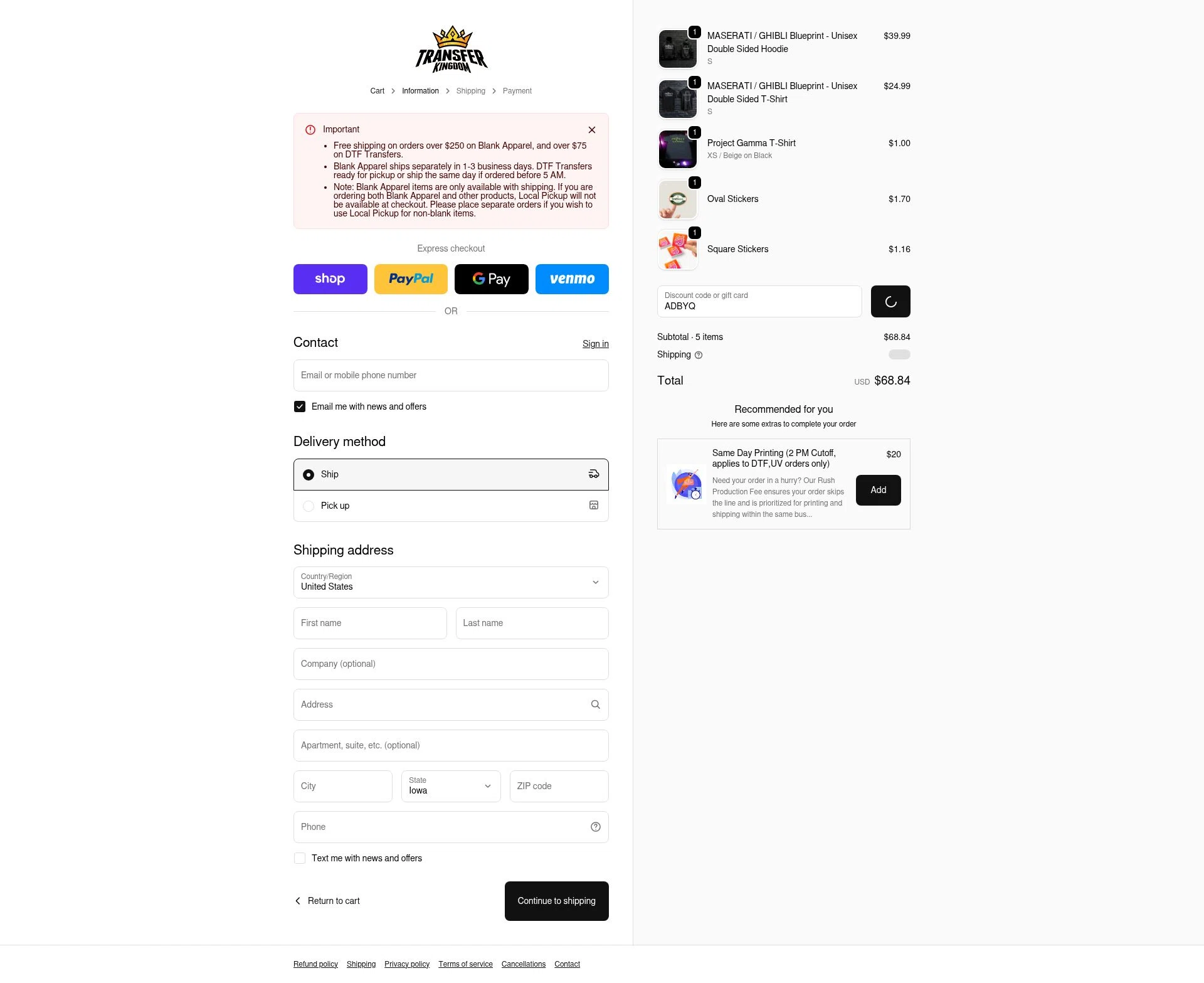 Transfer Kingdom checkout page showing Transfer Kingdom discount code box | Screenshot taken by SimplyCodes community member on Feb 5, 2026