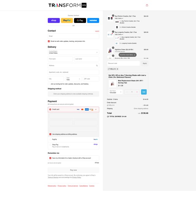 Transform HQ checkout page showing Transform HQ coupon code box | Screenshot taken by SimplyCodes community member on Sep 5, 2025