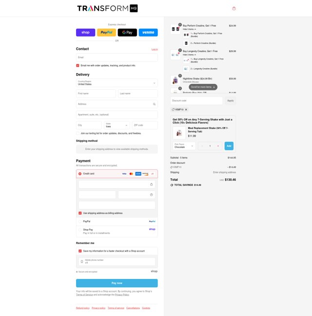Transform HQ checkout page showing Transform HQ coupon code box | Screenshot taken by SimplyCodes community member on Sep 5, 2025