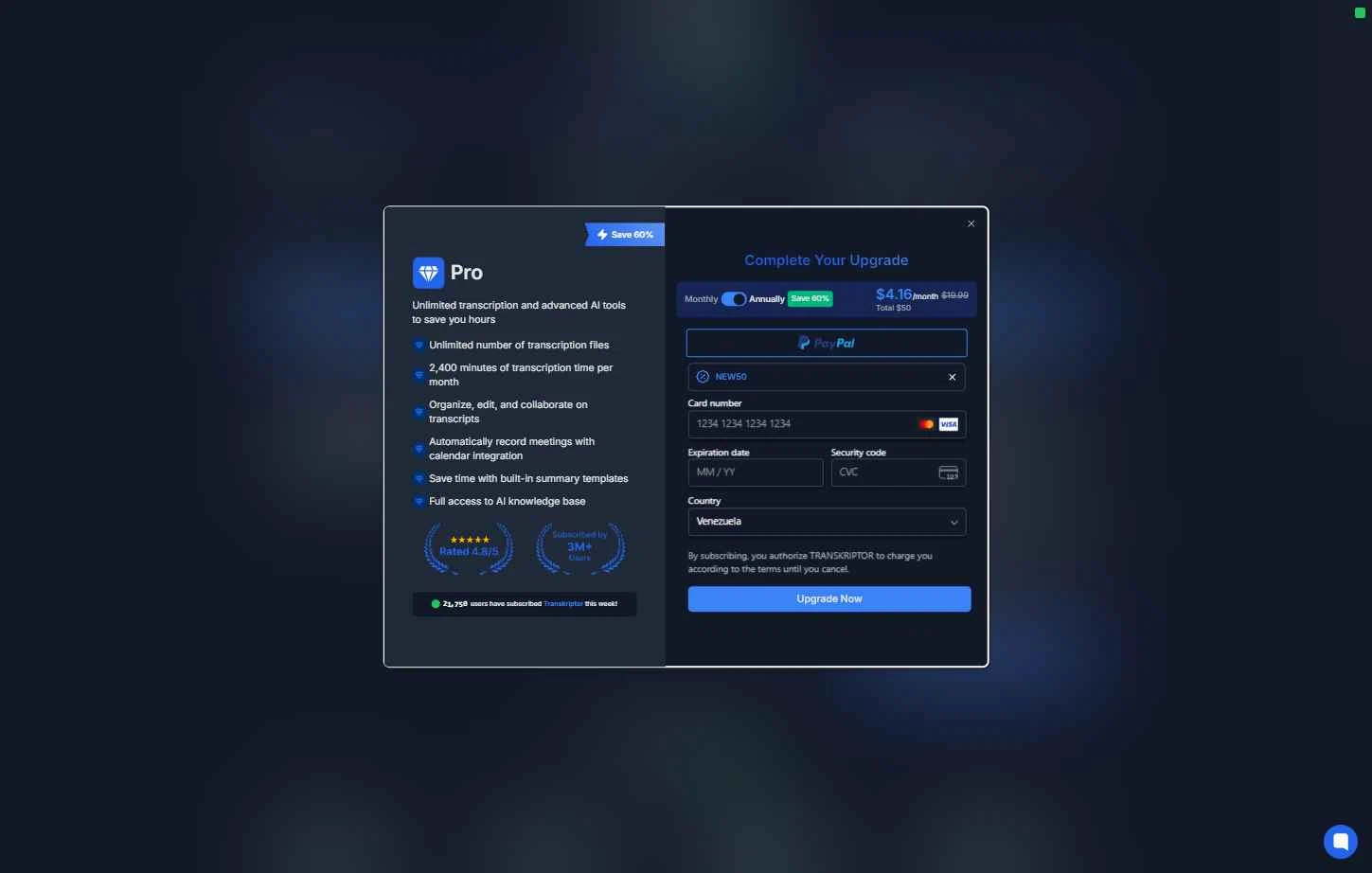 Transkriptor checkout page showing Transkriptor promo code box | Screenshot taken by SimplyCodes community member on Sep 18, 2025