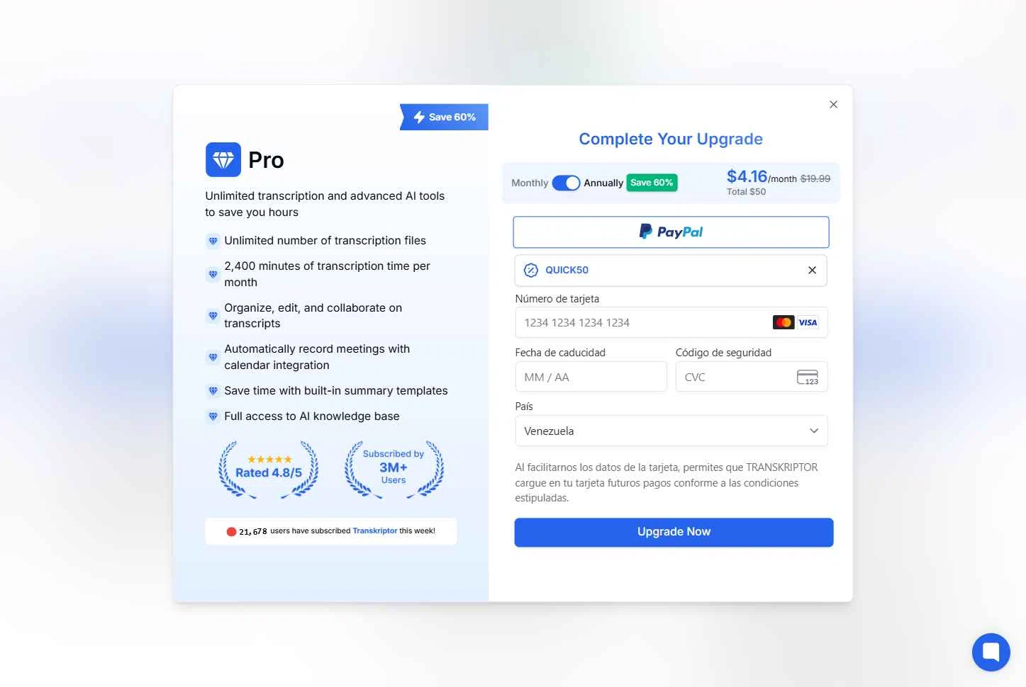 Transkriptor checkout page showing Transkriptor promo code box | Screenshot taken by SimplyCodes community member on Aug 23, 2025