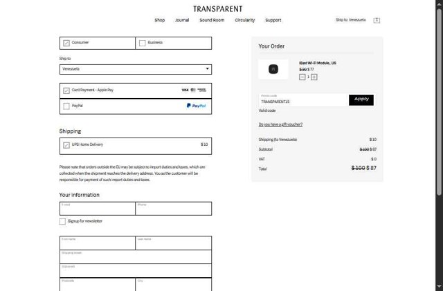 Transparent checkout page showing Transparent discount code box | Screenshot taken by SimplyCodes community member on Aug 16, 2025