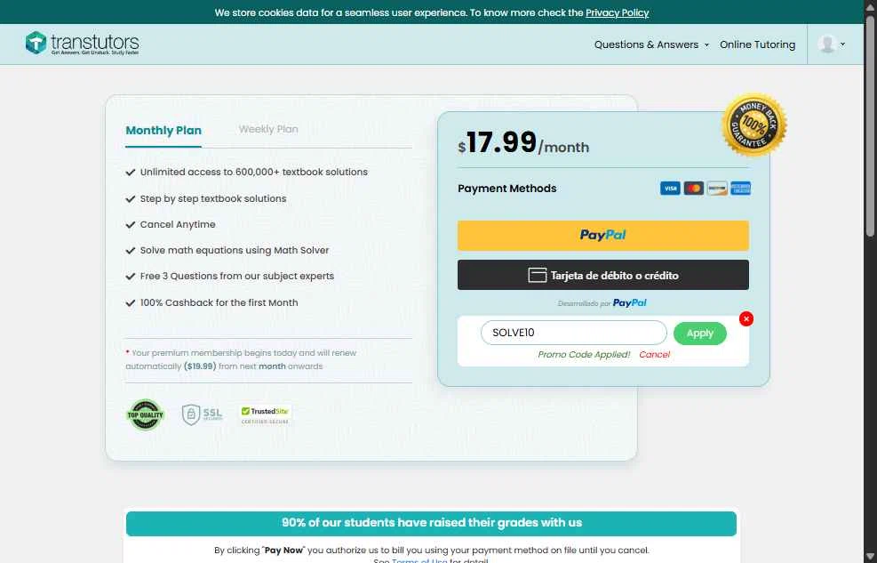 Transtutors checkout page showing Transtutors promo code box | Screenshot taken by SimplyCodes community member on Oct 9, 2025