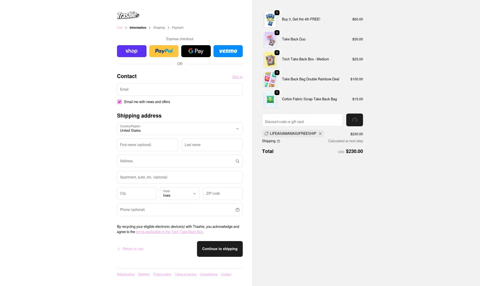 Trashie checkout page showing Trashie discount code box | Screenshot taken by SimplyCodes community member on Jan 8, 2026