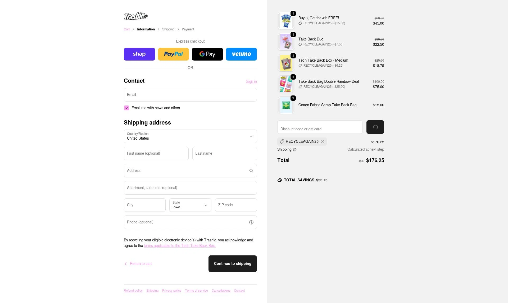 Trashie checkout page showing Trashie discount code box | Screenshot taken by SimplyCodes community member on Jan 10, 2026