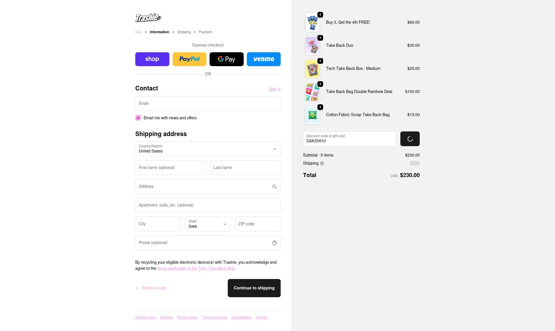 Trashie checkout page showing Trashie discount code box | Screenshot taken by SimplyCodes community member on Jan 8, 2026