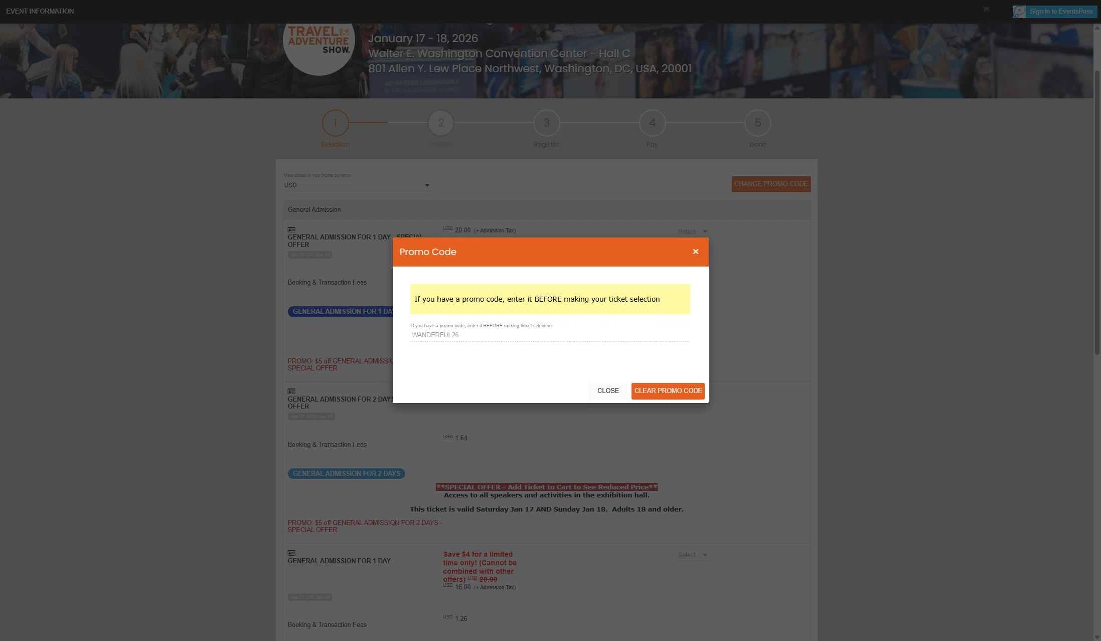 Travel & Adventure Show checkout page showing Travel & Adventure Show promo code box | Screenshot taken by SimplyCodes community member on Jan 17, 2026