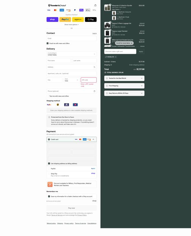 Traveler's Choice checkout page showing Traveler's Choice discount code box | Screenshot taken by SimplyCodes community member on Sep 4, 2025