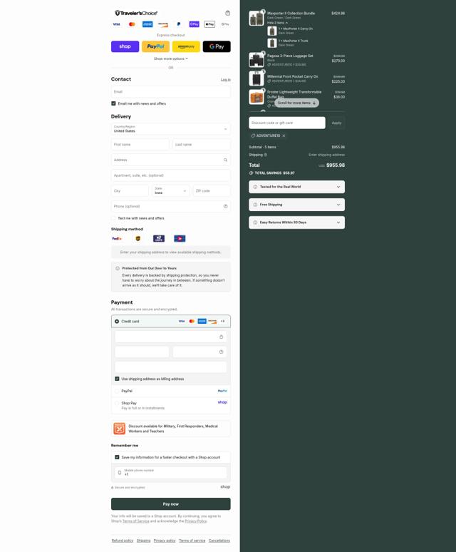 Traveler's Choice checkout page showing Traveler's Choice discount code box | Screenshot taken by SimplyCodes community member on Sep 9, 2025