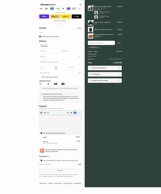 Traveler's Choice checkout page showing Traveler's Choice discount code box | Screenshot taken by SimplyCodes community member on Sep 12, 2025