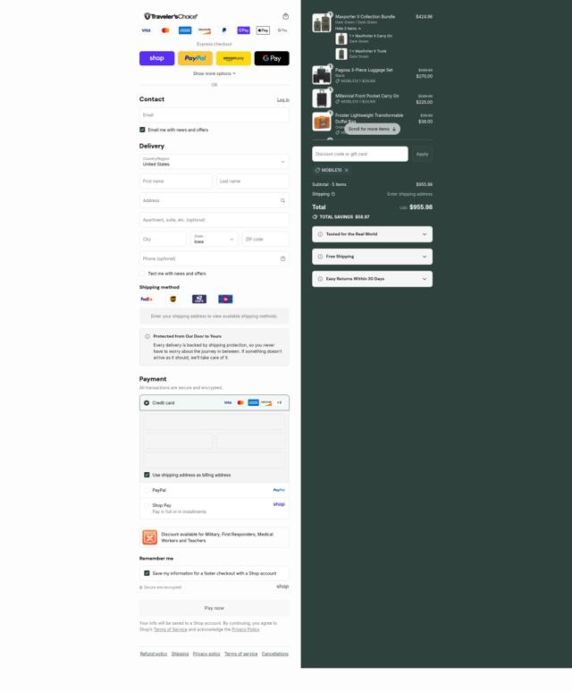 Traveler's Choice checkout page showing Traveler's Choice discount code box | Screenshot taken by SimplyCodes community member on Sep 9, 2025
