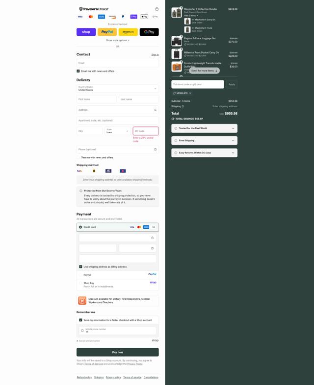 Traveler's Choice checkout page showing Traveler's Choice discount code box | Screenshot taken by SimplyCodes community member on Sep 12, 2025
