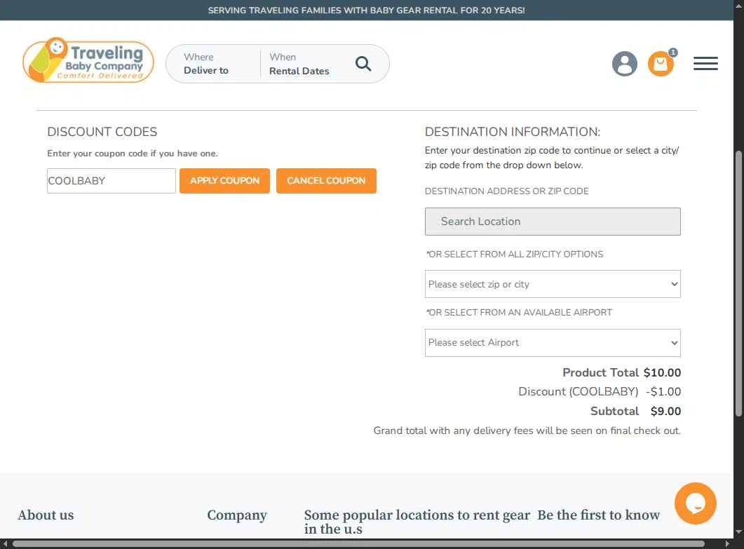 Traveling Baby Company checkout page showing Traveling Baby Company promo code box | Screenshot taken by SimplyCodes community member on Oct 18, 2025