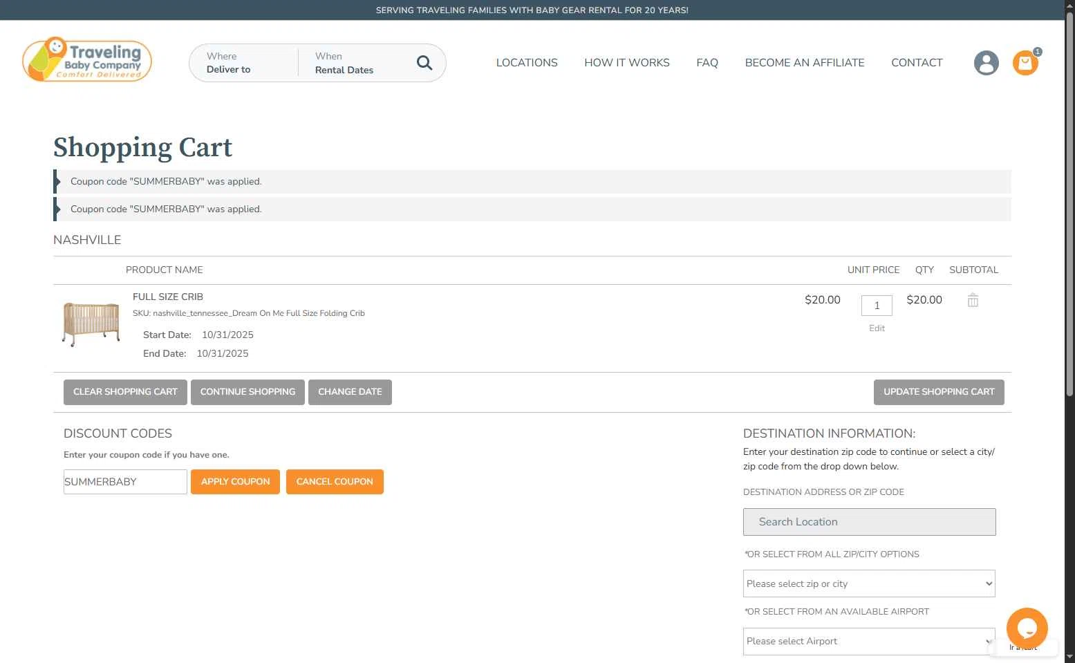 Traveling Baby Company checkout page showing Traveling Baby Company promo code box | Screenshot taken by SimplyCodes community member on Oct 31, 2025