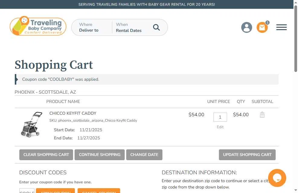Traveling Baby Company checkout page showing Traveling Baby Company promo code box | Screenshot taken by SimplyCodes community member on Nov 16, 2025