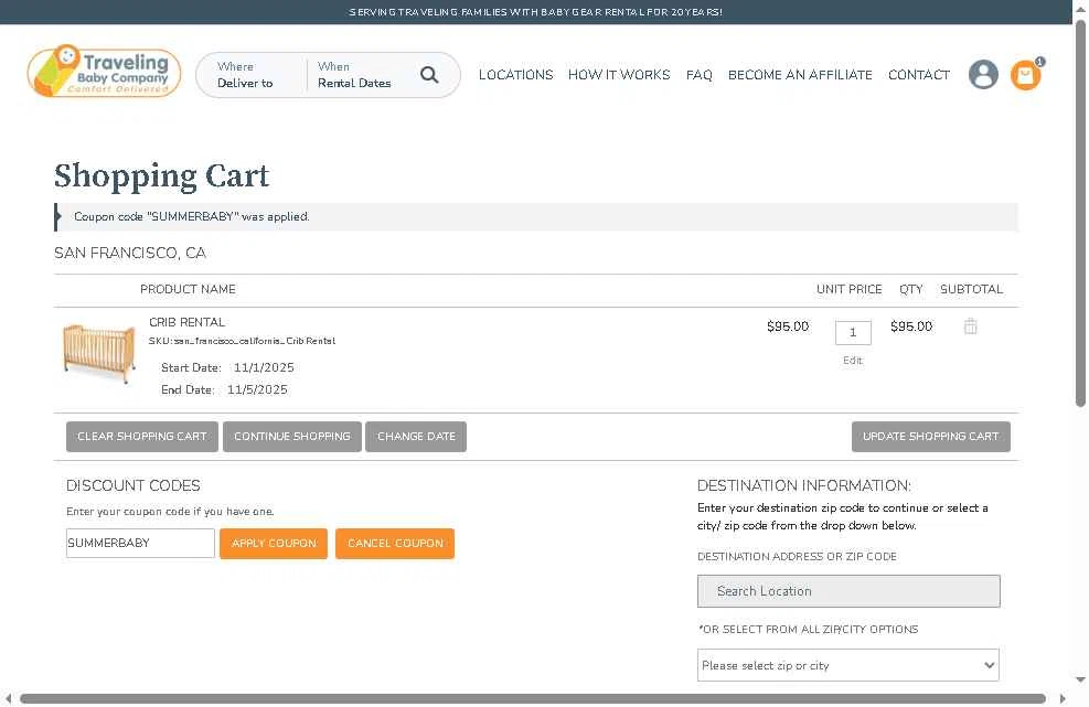Traveling Baby Company checkout page showing Traveling Baby Company promo code box | Screenshot taken by SimplyCodes community member on Oct 31, 2025