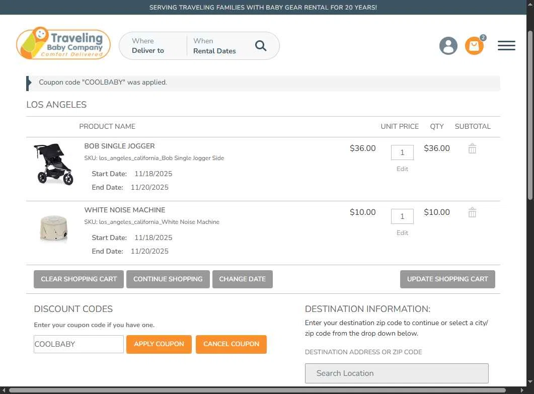 Traveling Baby Company checkout page showing Traveling Baby Company promo code box | Screenshot taken by SimplyCodes community member on Nov 16, 2025