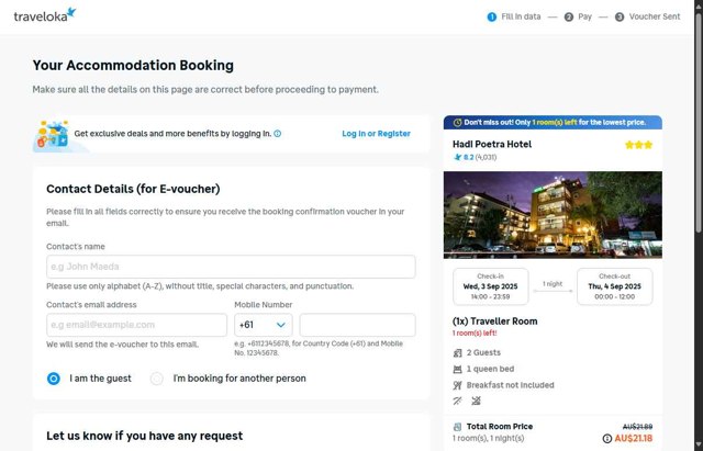 Traveloka checkout page showing Traveloka promo code box | Screenshot taken by SimplyCodes community member on Aug 27, 2025