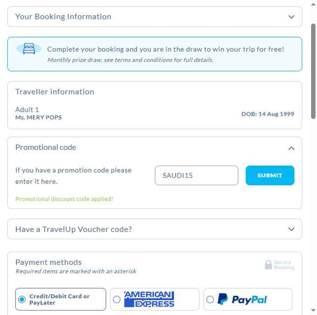 Travelup checkout page showing Travelup promo code box | Screenshot taken by SimplyCodes community member on Jul 23, 2025