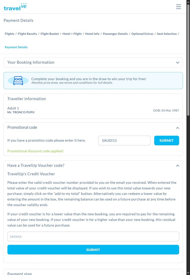 Travelup checkout page showing Travelup promo code box | Screenshot taken by SimplyCodes community member on Jul 23, 2025