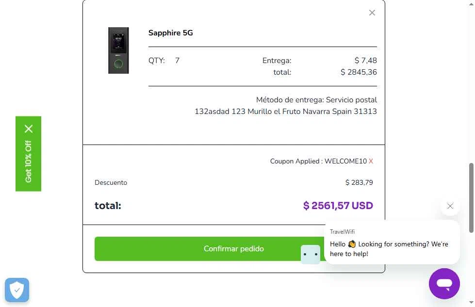 Travelwifi checkout page showing Travelwifi coupon code box | Screenshot taken by SimplyCodes community member on May 19, 2025