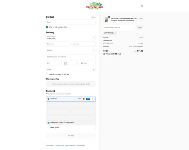 Traverse Bay Farms checkout page showing Traverse Bay Farms discount code box | Screenshot taken by SimplyCodes community member on Sep 12, 2025