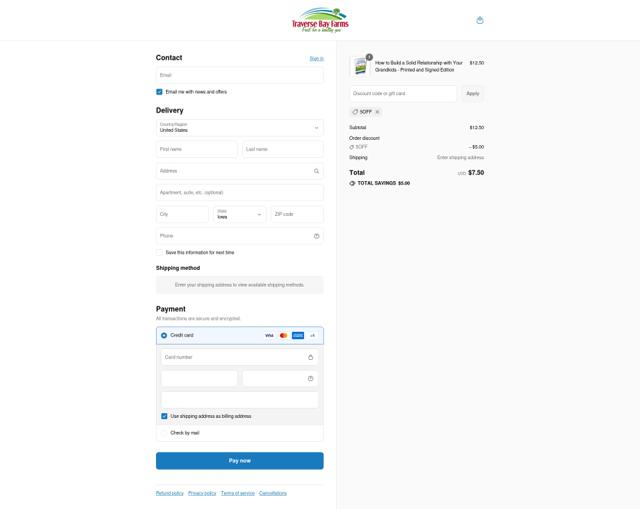 Traverse Bay Farms checkout page showing Traverse Bay Farms discount code box | Screenshot taken by SimplyCodes community member on Sep 12, 2025