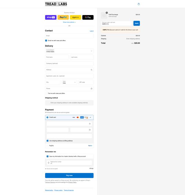 Tread Labs checkout page showing Tread Labs discount code box | Screenshot taken by SimplyCodes community member on Aug 27, 2025