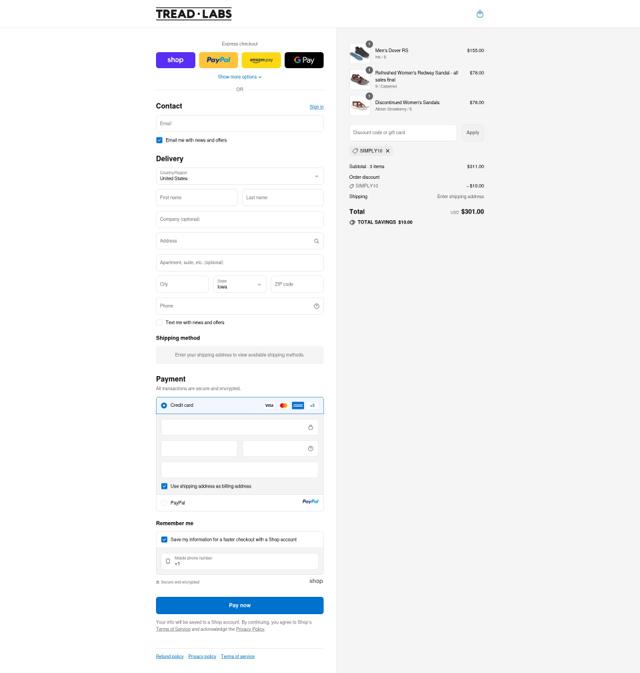 Tread Labs checkout page showing Tread Labs discount code box | Screenshot taken by SimplyCodes community member on Sep 12, 2025