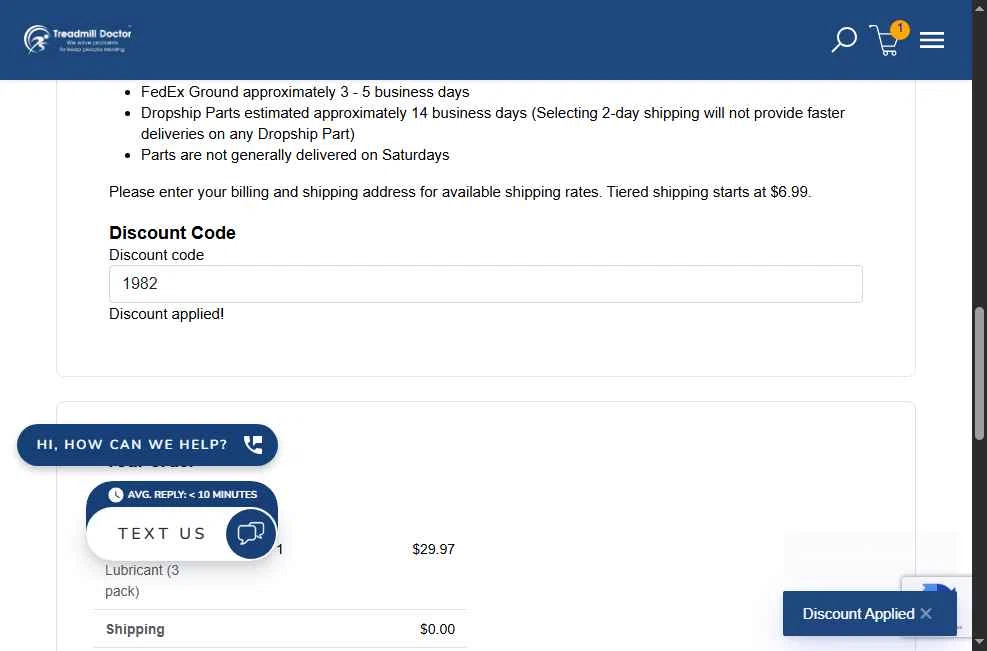 Treadmill Doctor checkout page showing Treadmill Doctor discount code box | Screenshot taken by SimplyCodes community member on Dec 15, 2025
