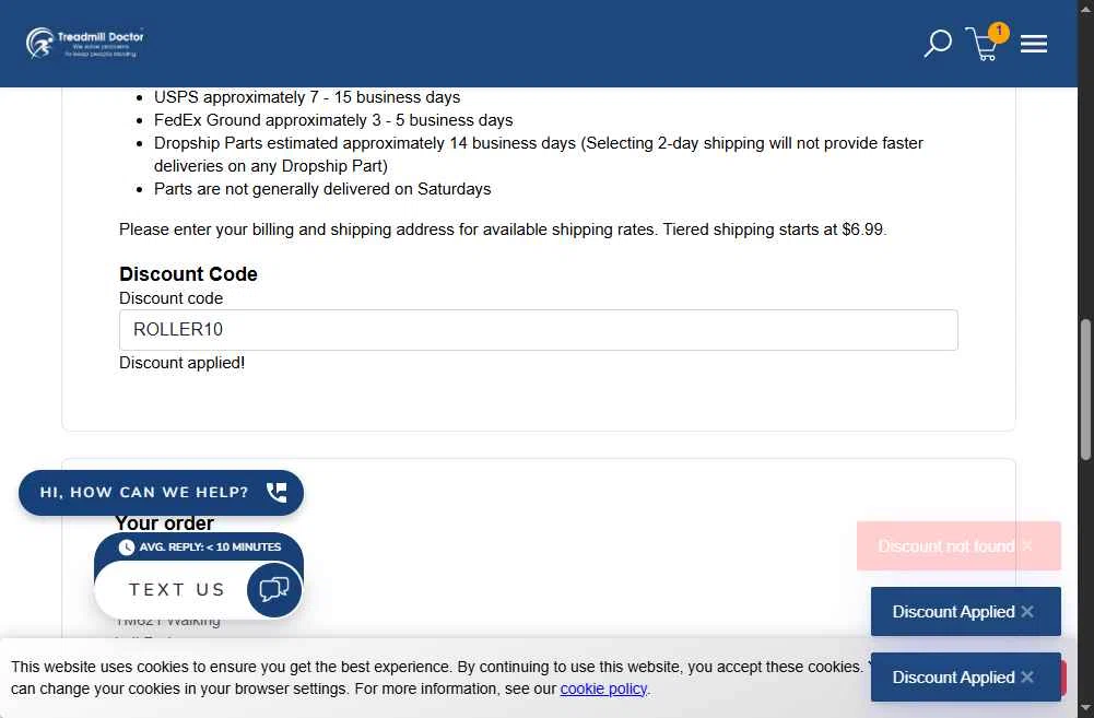 Treadmill Doctor checkout page showing Treadmill Doctor discount code box | Screenshot taken by SimplyCodes community member on Nov 8, 2025