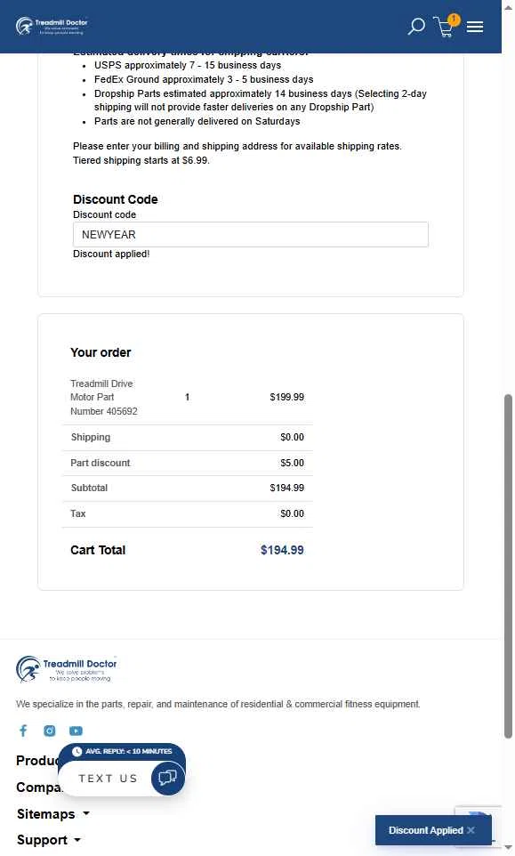 Treadmill Doctor checkout page showing Treadmill Doctor discount code box | Screenshot taken by SimplyCodes community member on Oct 17, 2025