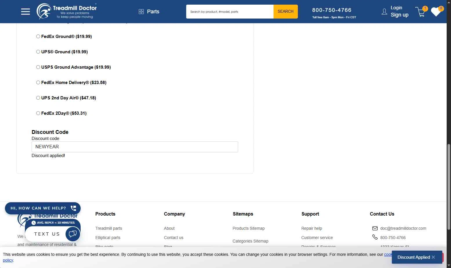 Treadmill Doctor checkout page showing Treadmill Doctor discount code box | Screenshot taken by SimplyCodes community member on Dec 25, 2025