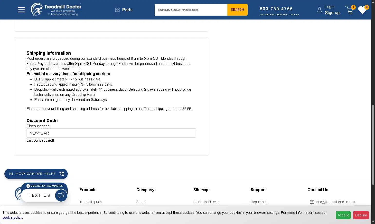 Treadmill Doctor checkout page showing Treadmill Doctor discount code box | Screenshot taken by SimplyCodes community member on Nov 26, 2025