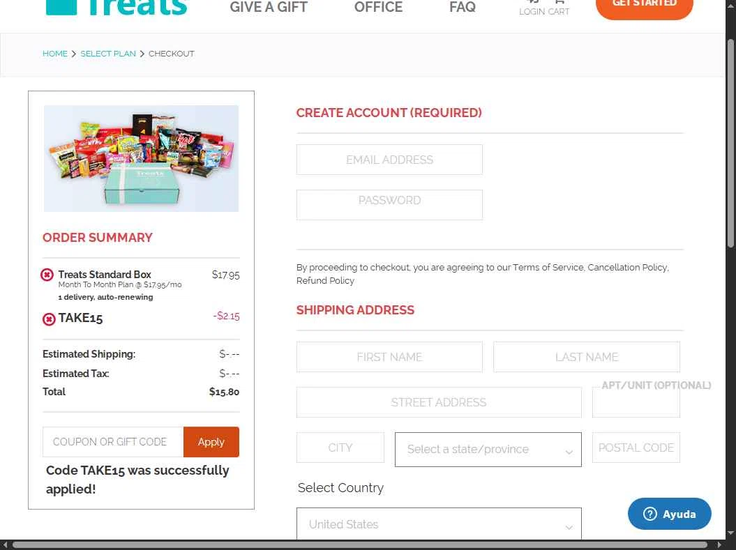 Treats checkout page showing Treats promo code box | Screenshot taken by SimplyCodes community member on Dec 29, 2025