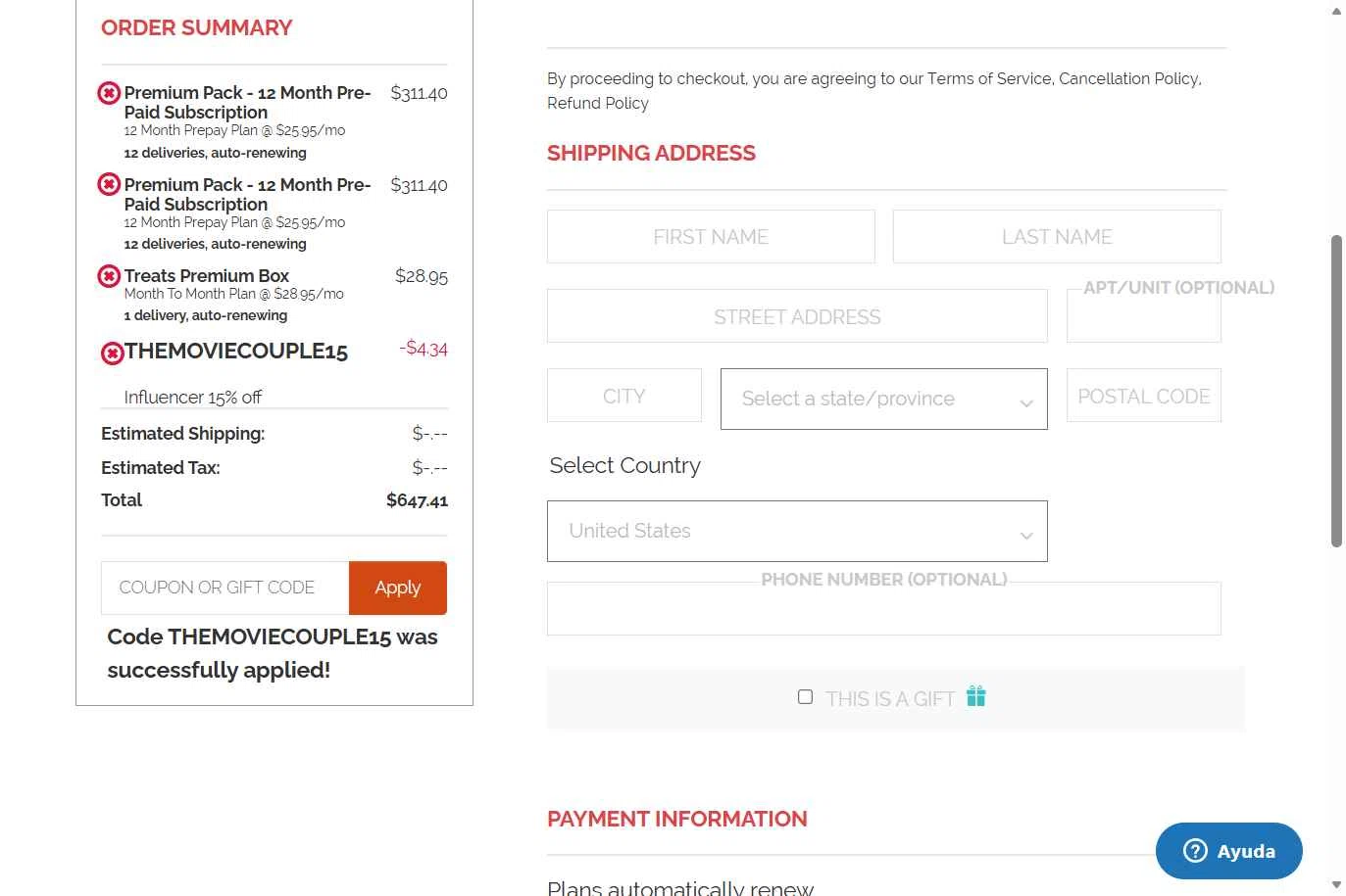 Treats checkout page showing Treats promo code box | Screenshot taken by SimplyCodes community member on Jan 9, 2026