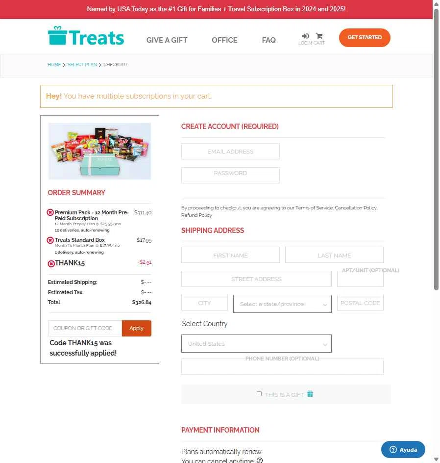Treats checkout page showing Treats promo code box | Screenshot taken by SimplyCodes community member on Dec 29, 2025